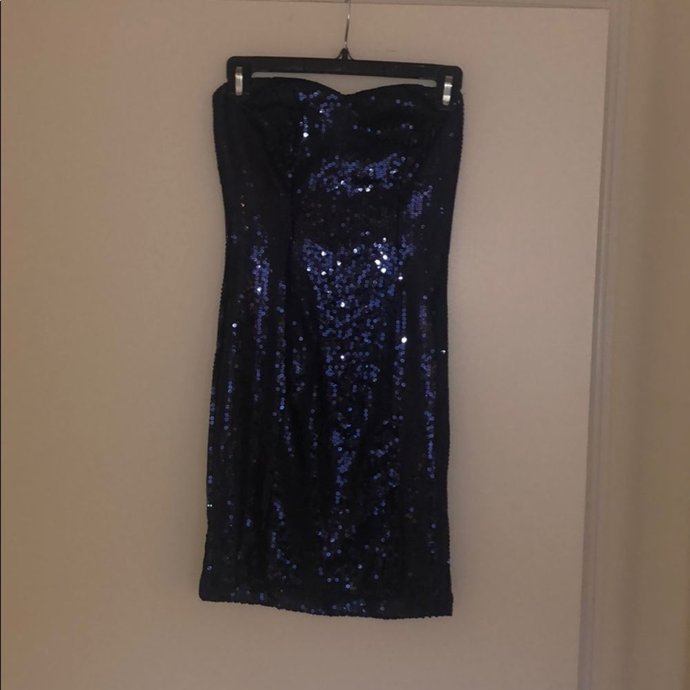Dark blue sequin mini party dress.